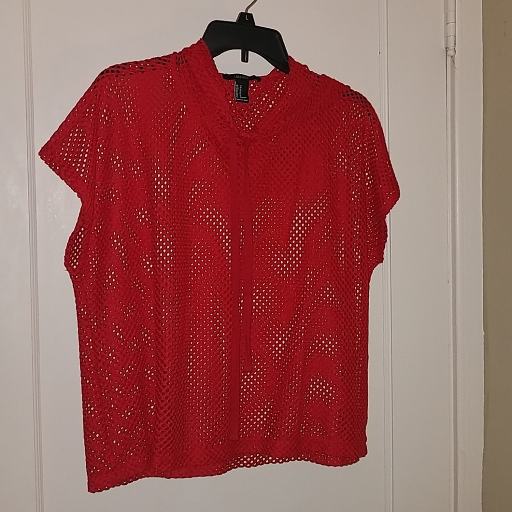 Forever 21 wide crop red hooded mesh tee!! Medium